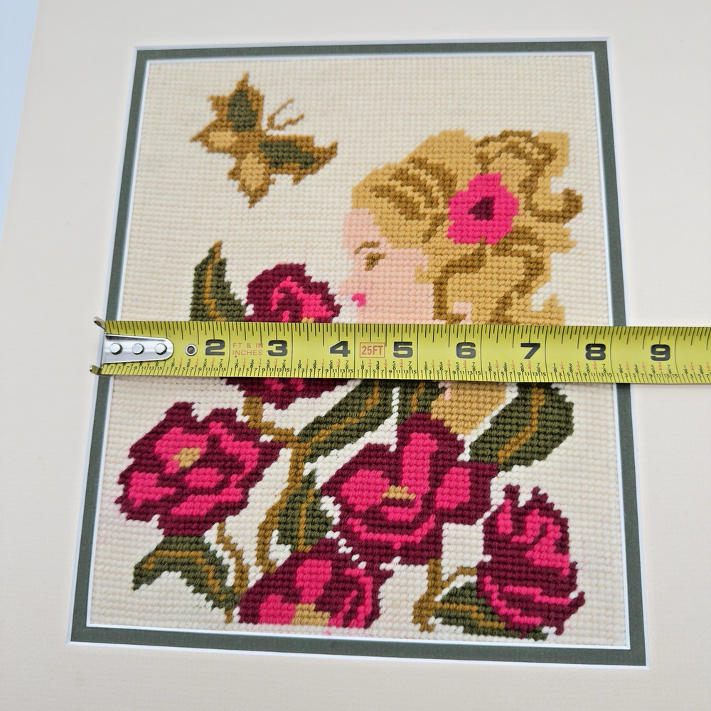 Vintage Completed Needlepoint Wall Art Flowers Girl 1970s Matted 12.5"x 14.25" - Picture 7 of 8
